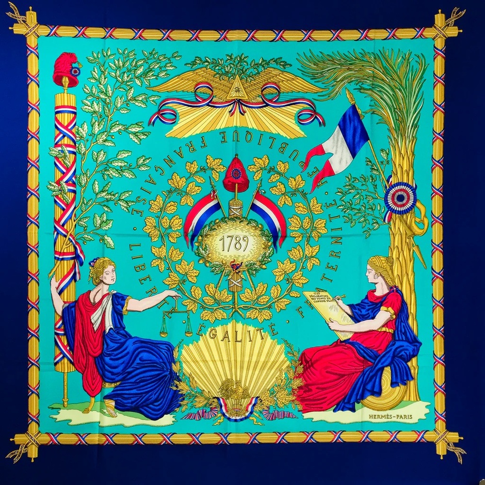 Hermès Silk 90cm Republique Française Motif Blue Scarf
